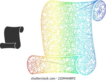 Mesh net paper roll frame illustration with spectral gradient. Vibrant frame net paper roll icon. Flat mesh created from paper roll symbol and crossed lines.