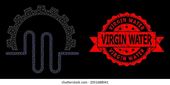 Mesh net pipe service gear on a black background, and Virgin Water corroded ribbon stamp. Red stamp has Virgin Water caption inside ribbon.