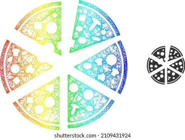 Mesh net pizza pieces frame icon with rainbow gradient. Bright frame net pizza pieces icon. Flat frame created from pizza pieces pictogram and crossing lines.