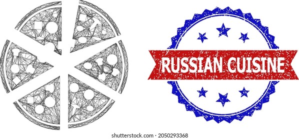 Mesh net pizza pieces wireframe icon, and bicolor rubber Russian Cuisine seal stamp. Flat mesh created from pizza pieces symbol and crossed lines. Vector seal with corroded bicolored style,