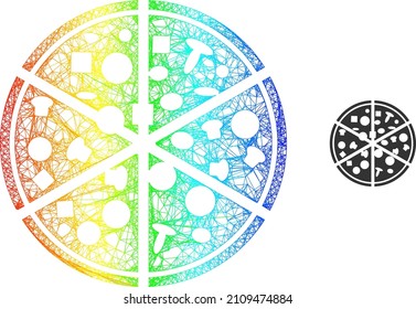 Mesh net pizza portions frame icon with spectral gradient. Vibrant frame net pizza portions icon. Flat mesh created from pizza portions icon and crossing lines.