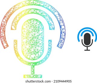 Mesh net podcast Mikrofon Modell Symbol mit spektralen Farbverlauf. Farbiges Karkassnetz Podcast Mikrofon Symbol. Flacher Schlachtkörper, der aus Podcast Mikrofon-Symbol und Schnittlinien erstellt wurde.
