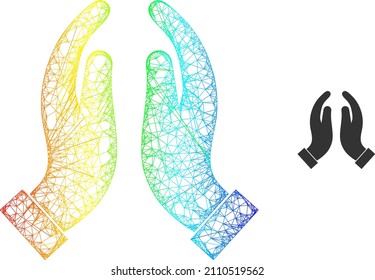 Mesh net praying hands carcass icon with rainbow gradient. Vibrant carcass mesh praying hands icon. Flat mesh created from praying hands symbol and intersected lines.