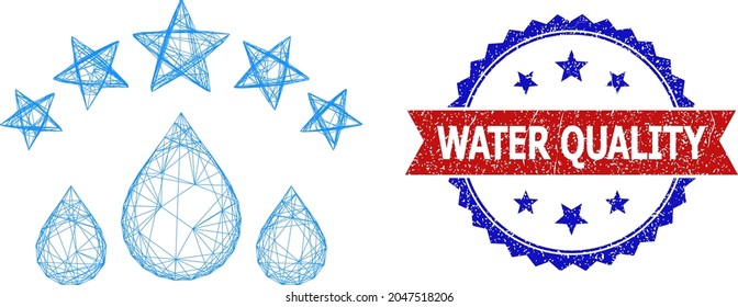 Mesh net quality water drops frame icon, and bicolor scratched Water Quality stamp. Flat frame created from quality water drops icon and crossed lines. Vector seal with corroded bicolored style,