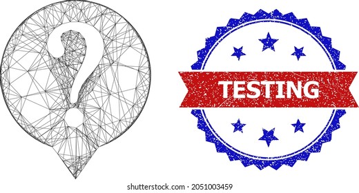 Mesh-net-Abfragemodell-Symbol und bicolor kratzte Testing-Stempel. Flaches Netz, das aus Abfragesymbol und gekreuzten Linien erstellt wurde. Vektorwasserzeichen mit korrodiertem bicfarbigem Stil,
