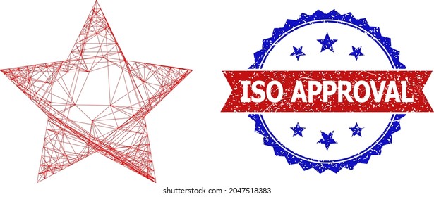Ilustración de la canal de la estrella roja de malla y sello de sello de la homologación ISO bicolor. Malla plana creada a partir del pictograma de estrella roja y líneas de cruce. Marca de agua vectorial con un estilo bicoloro rayado,
