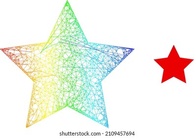 Mesh rotes Sternbild Symbol mit spektralem Farbverlauf. Farbige Carcass-net roten Stern Symbol. Flacher Schlachtkörper, der aus rotem Sternsymbol und intersektierten Linien hergestellt wurde.