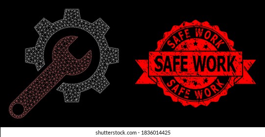 Mesh net repair tools on a black background, and Safe Work rubber ribbon stamp seal. Red stamp seal contains Safe Work tag inside ribbon. Vector model created from repair tools icon with mesh.