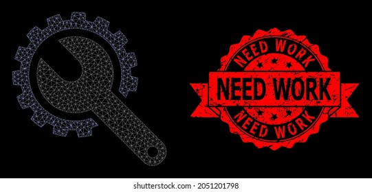 Mesh net repair tools on a black background, and Need Work dirty ribbon seal. Red seal contains Need Work caption inside ribbon. Vector constellation created from repair tools icon with mesh.