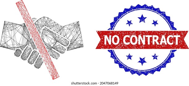Mesh net resrtricted handshake frame illustration, and bicolor scratched No Contract stamp. Flat frame created from resrtricted handshake icon and crossed lines.