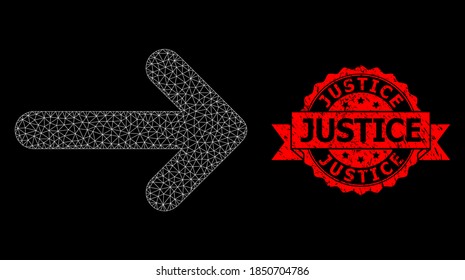 Mesh net right arrow on a black background, and Justice grunge ribbon stamp. Red stamp contains Justice text inside ribbon. Vector constellation created from right arrow icon with mesh.