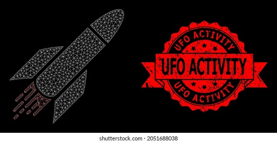 Mesh net rocket on a black background, and UFO Activity scratched ribbon stamp seal. Red stamp has UFO Activity tag inside ribbon. Vector model created from rocket icon with mesh.