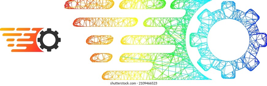 Mesh net rush gear carcass icon with rainbow gradient. Vibrant carcass net rush gear icon. Flat model created from rush gear icon and intersected lines.