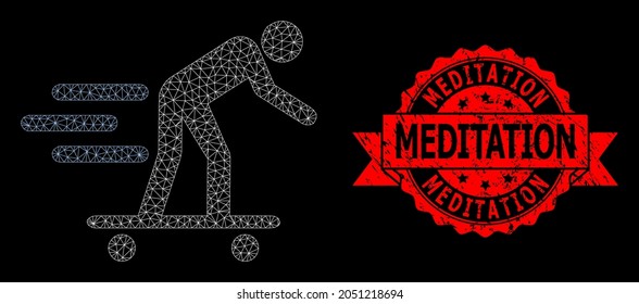 Mesh net scate roller man on a black background, and Meditation grunge ribbon stamp seal. Red stamp seal has Meditation title inside ribbon. Vector model created from scate roller man icon with mesh.