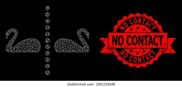 Mesh net separate swans on a black background, and No Contact textured ribbon seal. Red seal includes No Contact title inside ribbon.