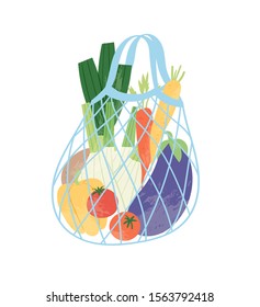 Mesh or net shopping bag with vegetables for eco friendly living. Vegan zero waste concept trendy shopper. Colorful hand drawn vector illustration design for banner, card, poster. Say NO to plastic