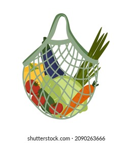 Mesh or net shopping bag with vegetables for eco friendly living. No plastic bags. Zero waste concept shopper. Vector illustration for banner, card, poster