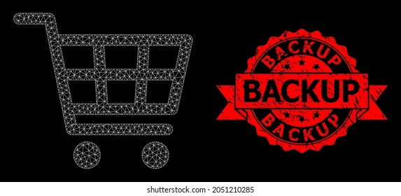 Mesh net shopping cart on a black background, and Backup textured ribbon seal imitation. Red seal contains Backup tag inside ribbon. Vector model created from shopping cart icon with triangular net.