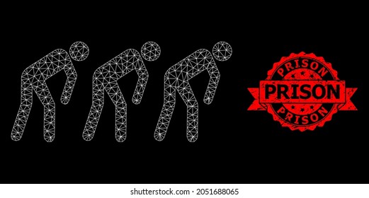 Mesh net slave people on a black background, and Prison dirty ribbon stamp. Red stamp seal has Prison text inside ribbon. Vector model created from slave people icon with triangular net.