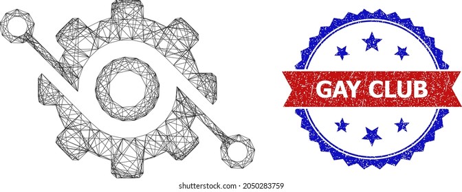 Mesh net smart gear model icon, and bicolor textured Gay Club stamp. Flat frame created from smart gear icon and crossed lines. Vector seal with grunge bicolored style,