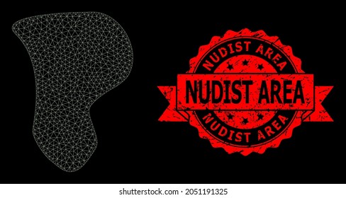 Mesh net spot on a black background, and Nudist Area textured ribbon stamp seal. Red stamp includes Nudist Area tag inside ribbon. Vector constellation created from spot icon with mesh.