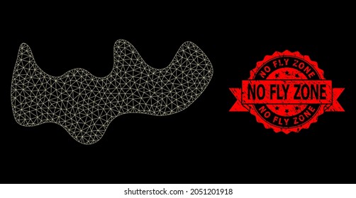 Mesh net spot on a black background, and No Fly Zone corroded ribbon seal. Red stamp seal has No Fly Zone title inside ribbon. Vector model created from spot icon with triangular net.