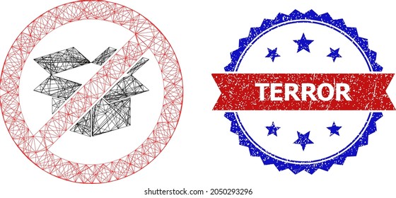 Mesh net stop carton box wireframe icon, and bicolor grunge Terror watermark. Flat mesh created from stop carton box icon and crossed lines. Vector imprint with retro bicolored style,