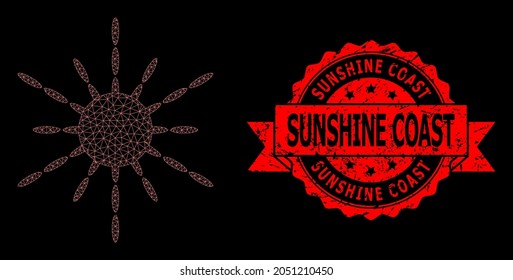Mesh net sun rays on a black background, and Sunshine Coast dirty ribbon stamp seal. Red stamp seal has Sunshine Coast text inside ribbon.