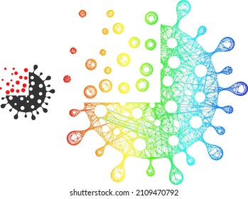 Icono de canal coronavirus de síntesis de malla con gradiente arco iris. Icono de coronavirus de síntesis de malla de canal brillante. Carcasa plana creada a partir del símbolo de síntesis de coronavirus y líneas cruzadas.