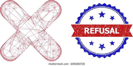 Redes de malla terminan el icono de la canal y el sello de rechazo de goma bicolor. Malla plana creada a partir del icono de finalización y las líneas de cruce. Marca de agua vectorial con un estilo bicoloro rayado,