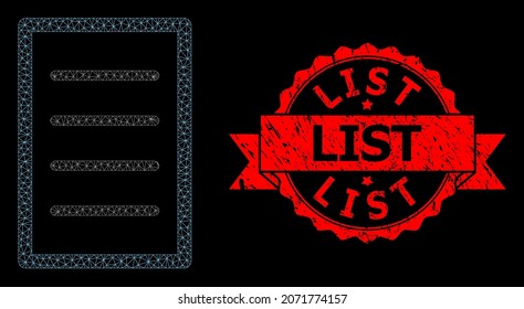 Mesh net text page on a black background, and List rubber ribbon stamp seal. Red stamp seal includes List caption inside ribbon. Vector constellation created from text page icon with mesh.