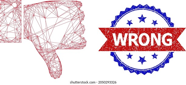 Mesh net thumb down frame icon, and bicolor textured Wrong stamp. Flat mesh created from thumb down icon and crossed lines. Vector imprint with distress bicolored style,
