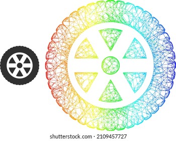 Mesh net tire wheel frame icon with rainbow gradient. Colored frame net tire wheel icon. Flat frame created from tire wheel symbol and crossed lines.