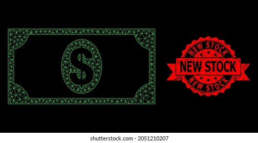 Mesh net usd banknote on a black background, and New Stock grunge ribbon seal imitation. Red stamp seal includes New Stock caption inside ribbon. Vector model created from usd banknote icon with mesh.