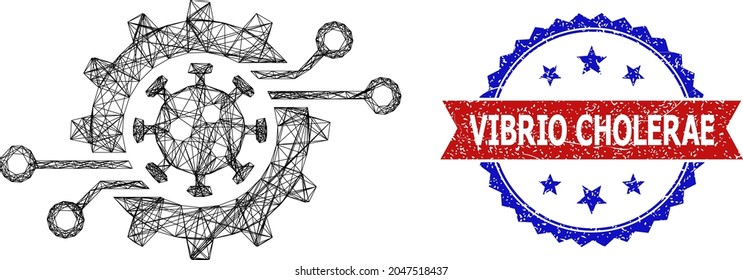 Mesh net virus electronics gear carcass illustration, and bicolor grunge Vibrio Cholerae watermark. Flat mesh created from virus electronics gear symbol and intersected lines.