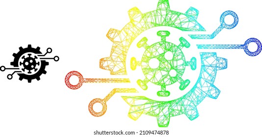 Los sistemas electrónicos de virus de la red de malla engranan el icono de la canal con gradiente espectral. Icono de engranaje electrónico del virus de la red de cuadros coloridos. Cáscaras planas creadas a partir de un pictograma de engranajes electrónicos de virus y líneas interconectadas.
