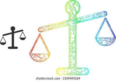 Mesh net weight disbalance model icon with rainbow gradient. Colorful frame net weight disbalance icon. Flat mesh created from weight disbalance pictogram and intersected lines.