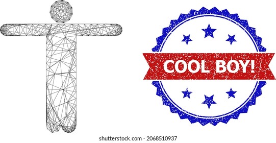 Icono de modelo de persona de bienvenida de malla y marca de agua bicolor impura de Cool Boy. Modelo plano creado a partir del icono de la persona de bienvenida y líneas cruzadas. Marca de agua vectorial con estilo retro bicolores,