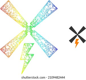 Mesh Netzwind elektrische Generierung Modell Symbol mit Regenbogenverlauf. Farbige Karkaschtenmaschen Windenergie-Symbol. Flaches Netz, das aus dem Symbol für die Erzeugung von Windenergie und den Kreuzlinien hergestellt wird.