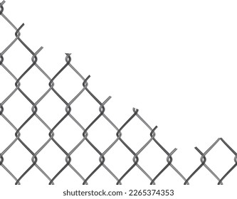 Mesh netting torn. Hole in metal fence. Vector background