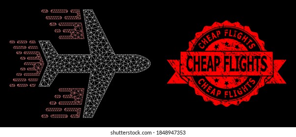 Mesh network aircraft on a black background, and Cheap Flights grunge ribbon stamp. Red stamp contains Cheap Flights tag inside ribbon. Vector model created from aircraft icon with mesh.