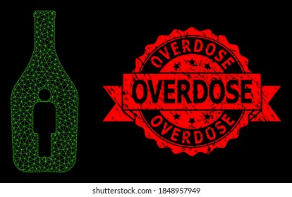 Mesh network alcoholic person on a black background, and Overdose dirty ribbon seal imitation. Red seal includes Overdose caption inside ribbon.