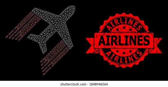 Mesh network aviation on a black background, and Airlines rubber ribbon stamp seal. Red stamp seal contains Airlines tag inside ribbon.