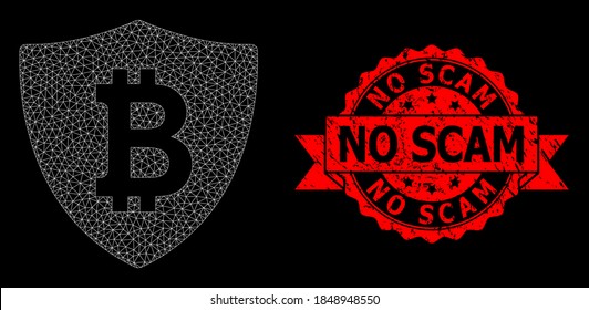 Mesh network bitcoin protection on a black background, and No Scam unclean ribbon seal print. Red stamp seal has No Scam caption inside ribbon.