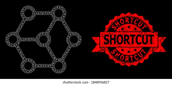 Mesh Netzwerk Blockchain auf schwarzem Hintergrund, und Shortcut strukturierte Band Robben Druck. Rote Stempelrobbe hat Kurzschnitt-Text in Band. Vektorkonstellation erstellt aus Blockchain Symbol mit Maschen.