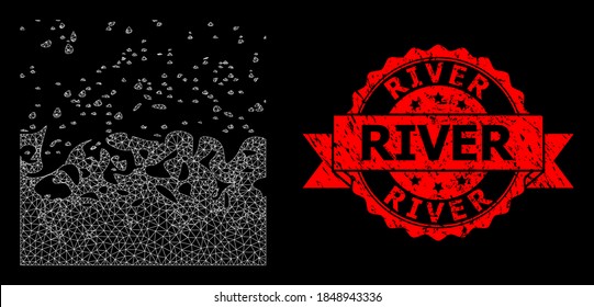 Mesh network boiling liquid on a black background, and River textured ribbon seal print. Red stamp seal contains River title inside ribbon. Vector model created from boiling liquid icon with mesh.
