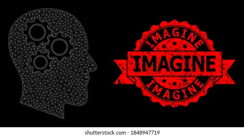 Mesh network brain gears on a black background, and Imagine scratched ribbon stamp. Red stamp seal contains Imagine title inside ribbon. Vector constellation created from brain gears icon with mesh.