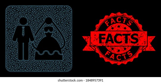 Mesh Netzwerk Braut und Bräutigam auf schwarzem Hintergrund, und Fakten grunge Band Stempel-Siegel. Rotes Siegel enthält Facts-Bildunterschrift in einem Band. Vektormodell, erstellt aus Braut und Bräutigam Symbol mit Netz.