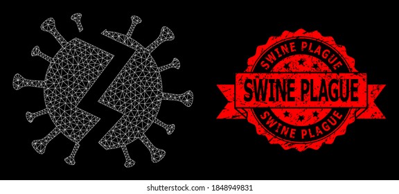 Mesh network broken virus on a black background, and Swine Plague scratched ribbon seal. Red seal contains Swine Plague title inside ribbon.