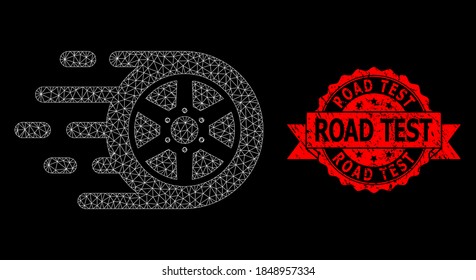Mesh network car wheel on a black background, and Road Test corroded ribbon seal imitation. Red stamp seal includes Road Test title inside ribbon. Vector model created from car wheel icon with mesh.